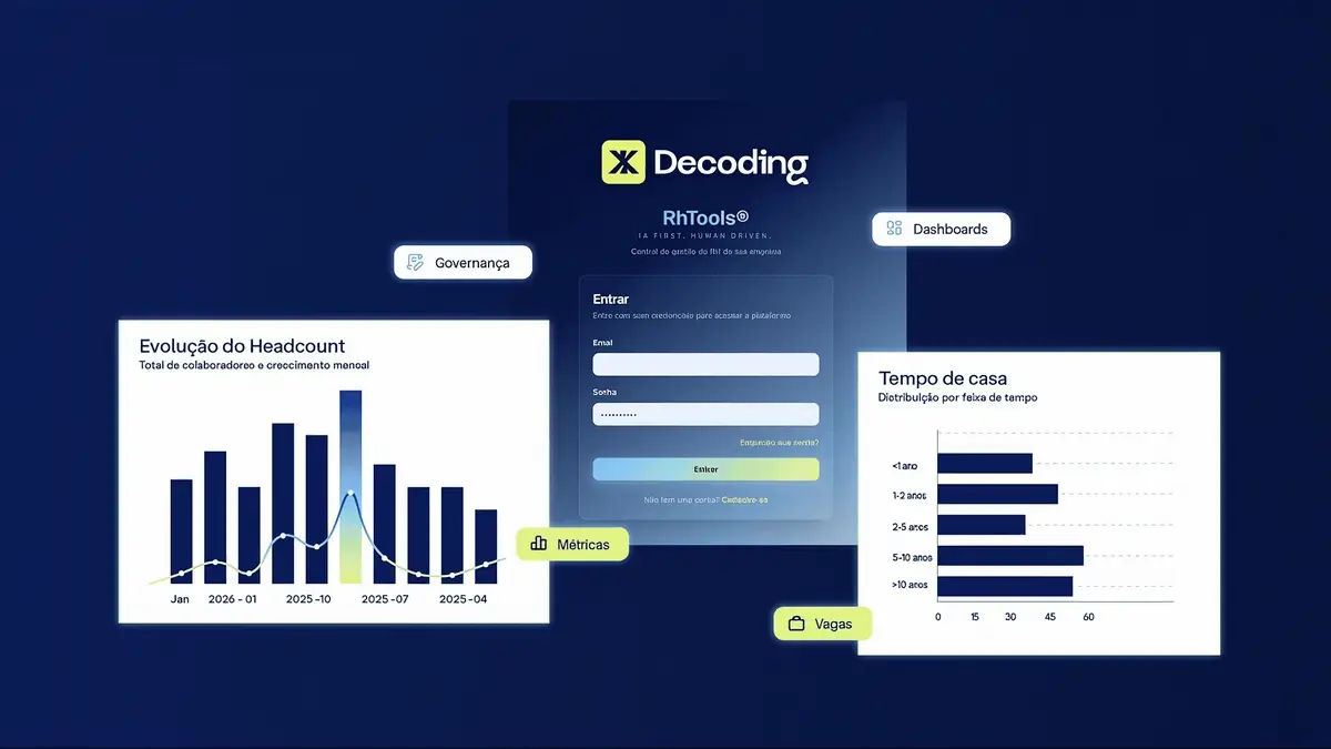 Interface RhTools: login central, gráficos de headcount e tempo de casa, e etiquetas de governança e métricas