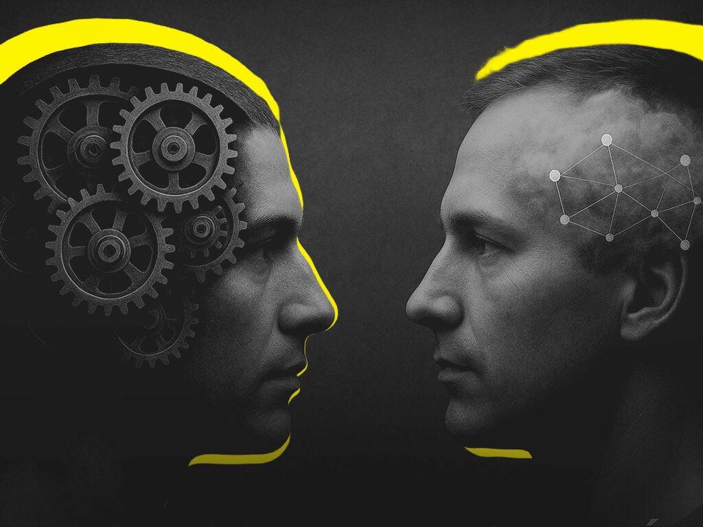 Duas cabeças de perfil. Uma preenchida com engrenagens bem ajustadas, representando "Processo". A outra, com uma nuvem de ideias e pontos conectados, representando "Estratégia".